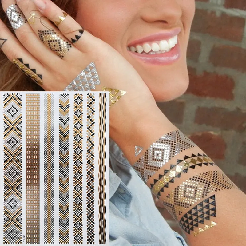 Temporary Tattoos Gold Silver Metallic Tattoo Arm Body Tattoo Cool Bracelet Style Girl DIY Golden Flash Tattoos