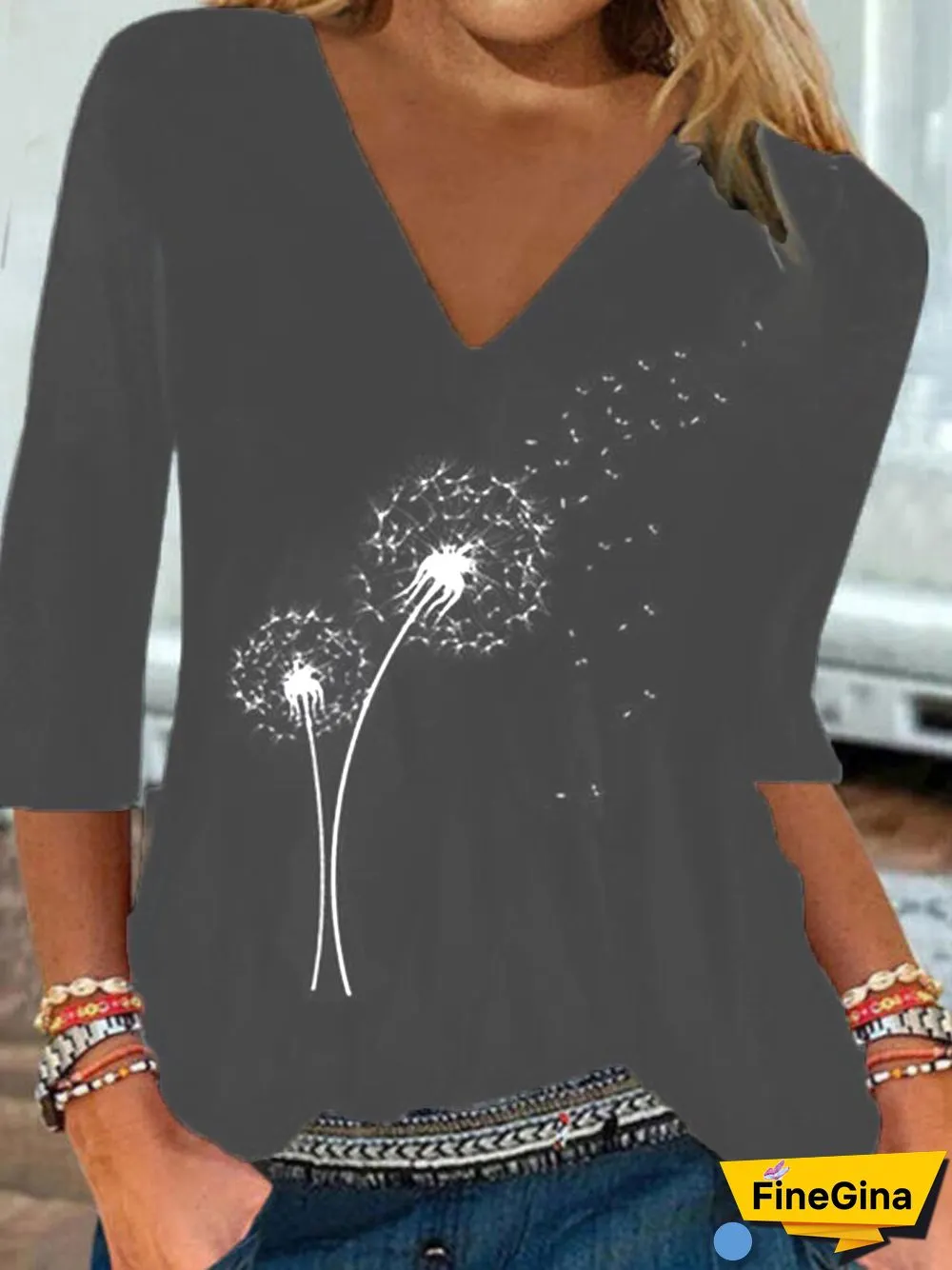 Vintage Dandelion Printed V-Neck 3/4 Sleeves Plus Size Casual T-shirts