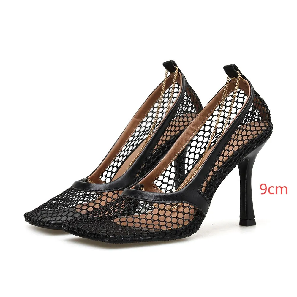 Fujin 9cm Summer Autumn Sexy Mesh Pumps Sandals Female Square Toe High Heel Chain Stiletto Hollow Party Dress Pumps Shoe Sandals