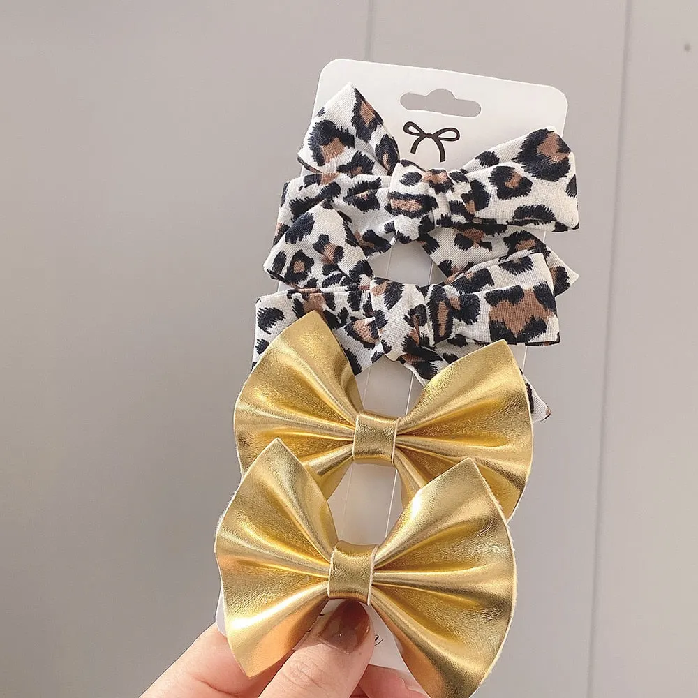 4Pcs/set 2021 New Leopard Print Hair Clips For Cute Girls BB Boutique Hairpins Bowknot Barrettes Headwear Kids Hair Acesssories