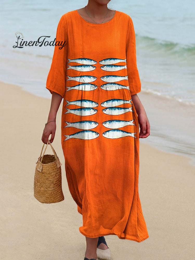 Women&rsquo;s Vintage Fish Art Print Pocket Cotton Dress Multicolor / S