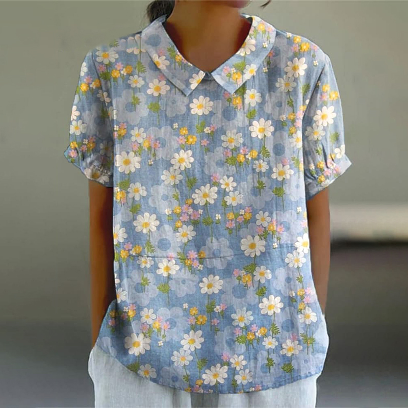 Comstylish Women's Retro Flower Art Print Casual Cotton Linen Shirt
