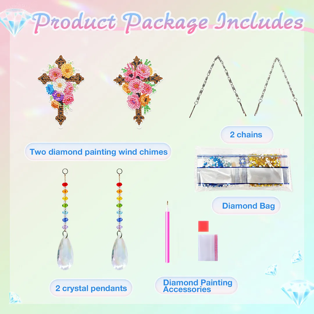 2Pcs Cross DIY Acrylic Diamond Painting Art Wind Chimes with Crystal Pendant Diamond Art Hanging Pendant Double-Sided for Adults Beginners Gift Home Garden Decor
