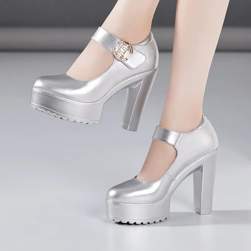 Breakj High Heel 12Cm Cheongsam Model Catwalk Shoes Women's Thick Soles Waterproof Platform Silver Round Head Stage Performance Shoes Women's Singles Shoes