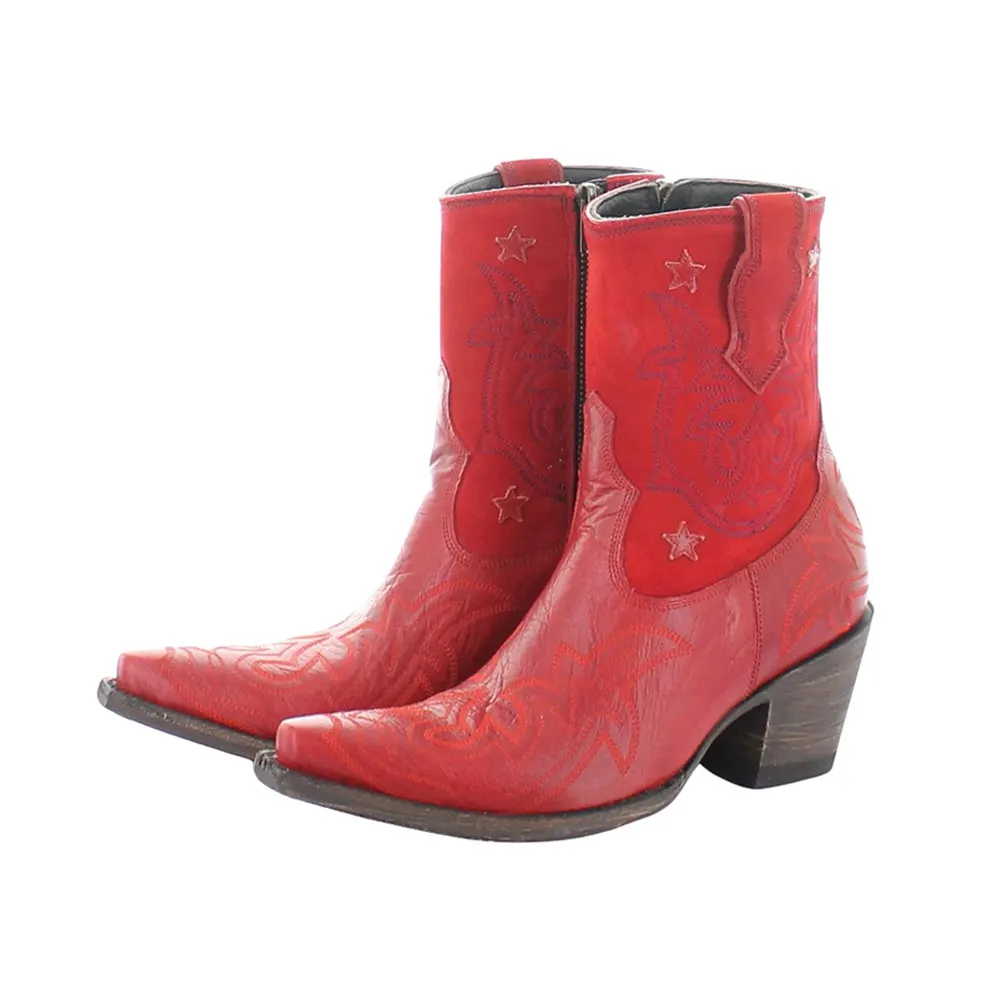 Red Faux Leather Snip Toe Zipper Star Embroidered Heeled Boots