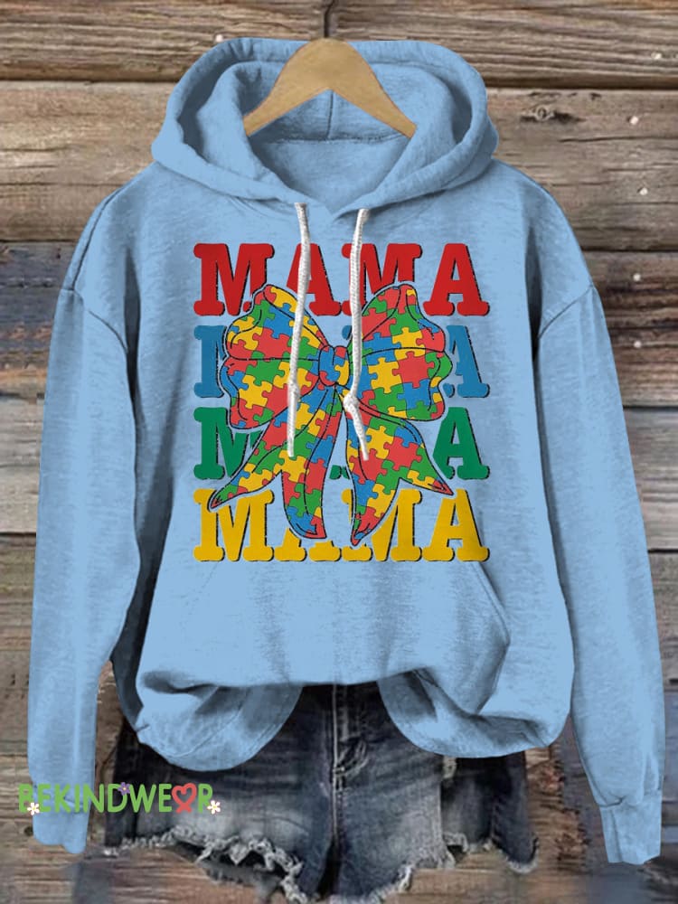 Autism Puzzle Bow MAMA Print Casual Round Neck Short Sleeve T-Shirt LightBlue / S