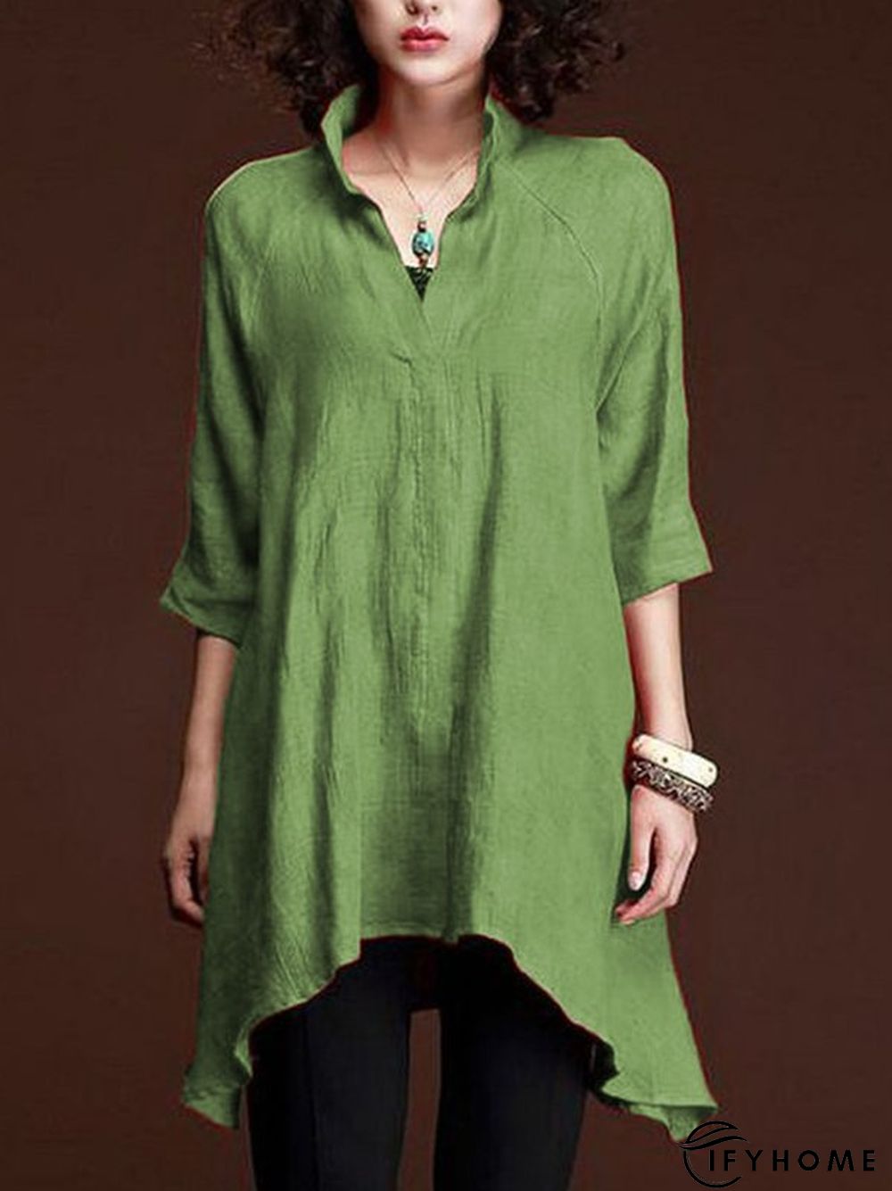 Women Casual 3/4 Sleeve V Neck Solid Top | IFYHOME