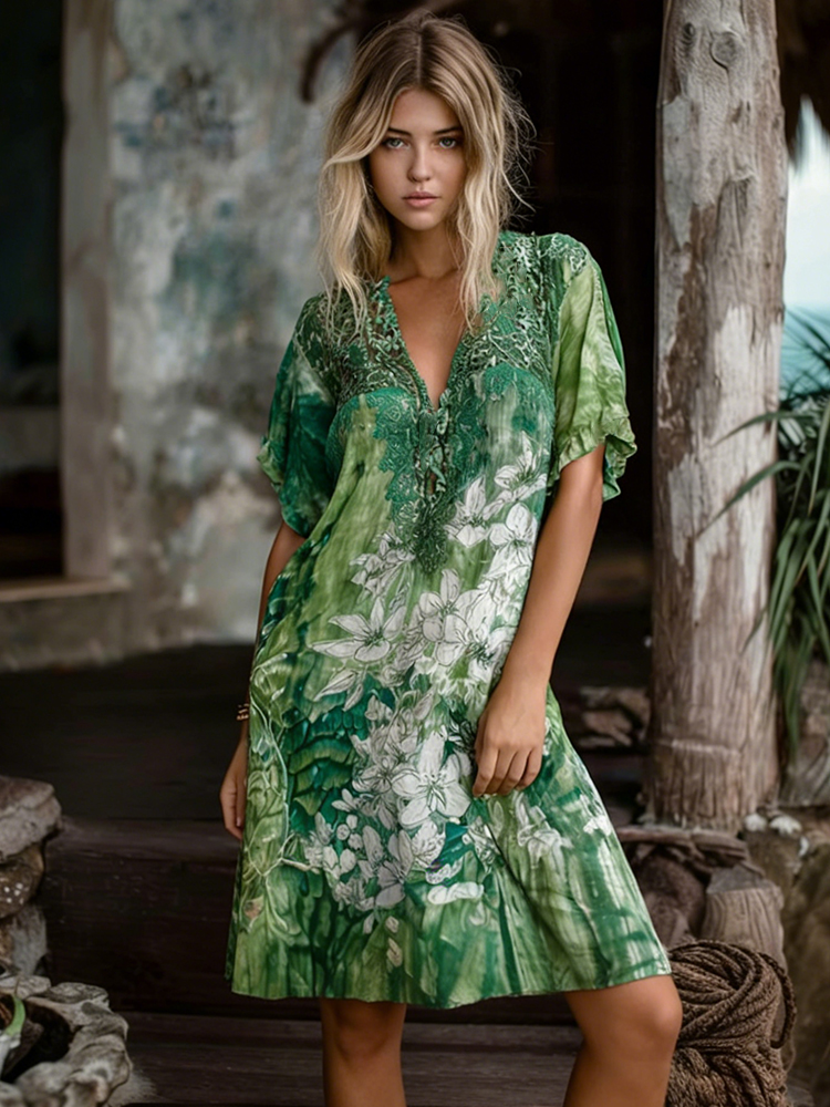 Vintage White Floral Art Embroidery Tie-dye Green Playful V-neck Dress elevenforest