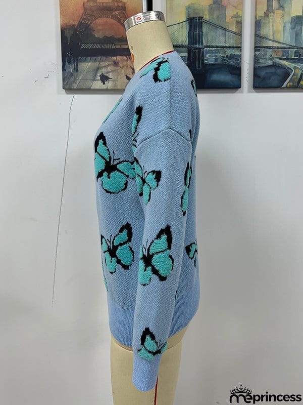 Original Long Sleeves Loose Butterfly Print Contrast Color Round-Neck Sweater Tops