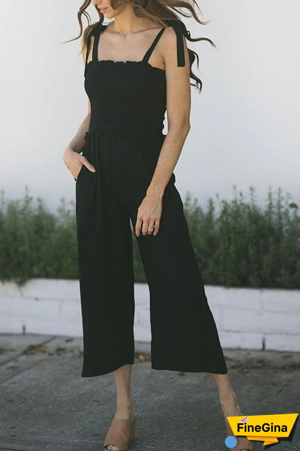 Elastic Pockets Wide Leg Slip Jumpsuit