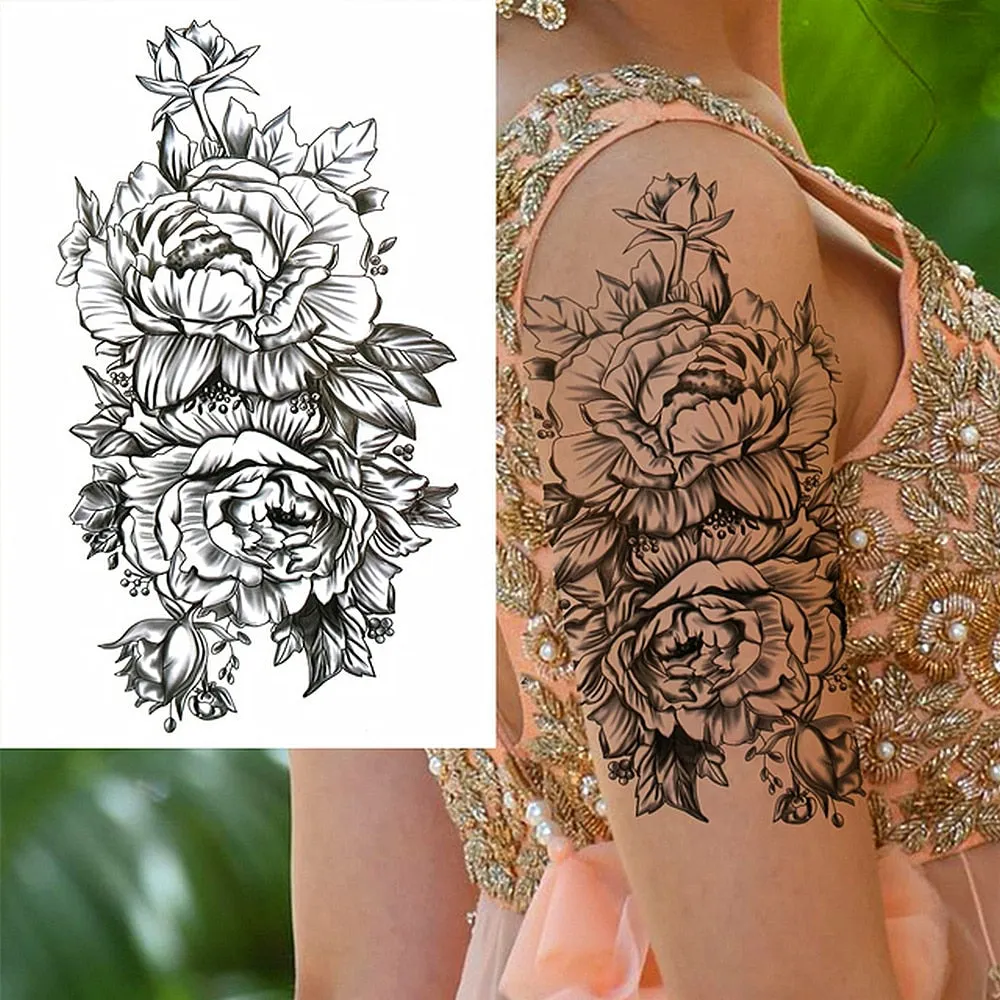 Black Flower Rose Waterproof Temporary Bird Snake Sexy Body Arm Leg Gem Henna Tattoo Fashion Big Fake Sleeve Sticker