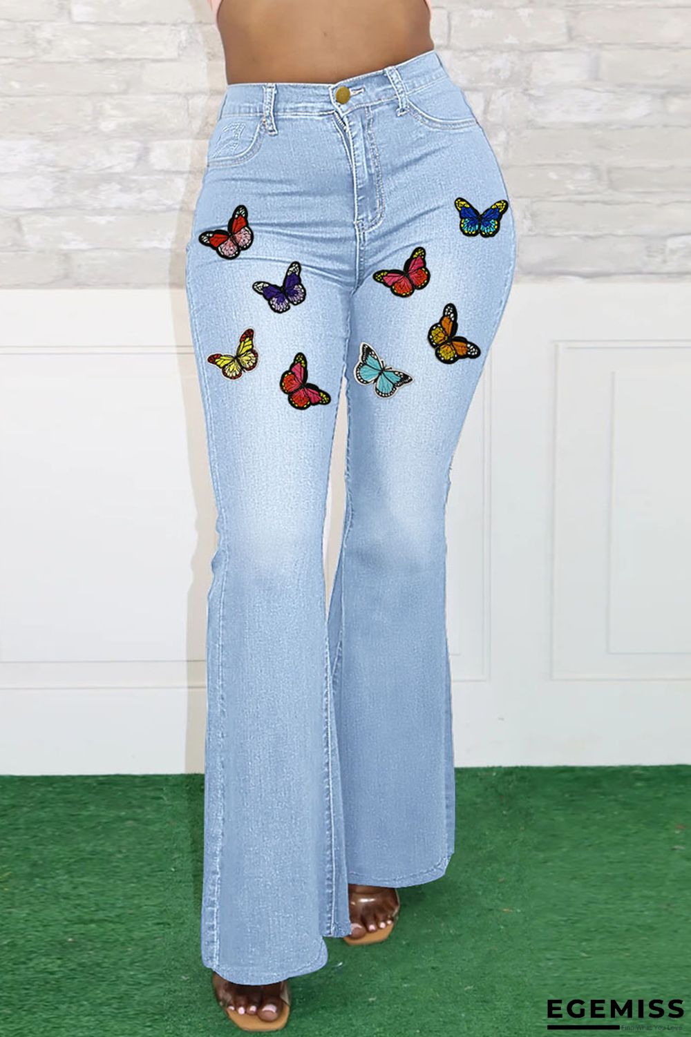 Baby Blue Street Solid Embroidered Patchwork High Waist Denim Jeans | EGEMISS
