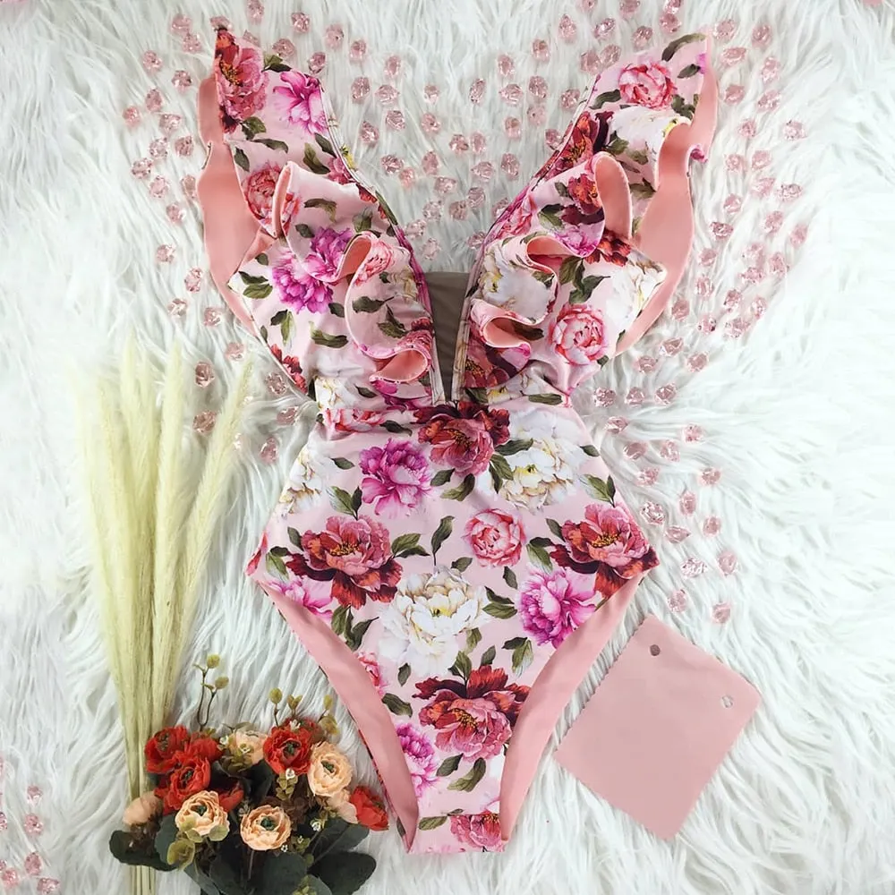 2022 New Sexy Ruffle Print Floral One Piece Swimsuit Off The Shoulder Swimwear Women Solid Deep-V Beachwear Bathing Suit Monkini