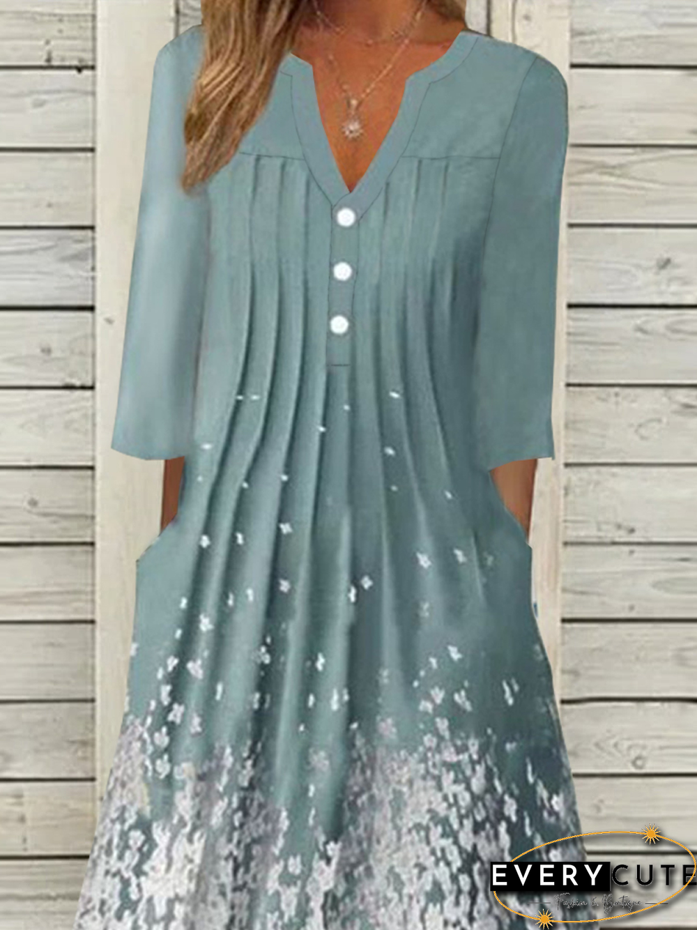 Ombre Floral Printed Vacation Buttoned Pleated Loosen V Neck Short Sleeve Woven Dress