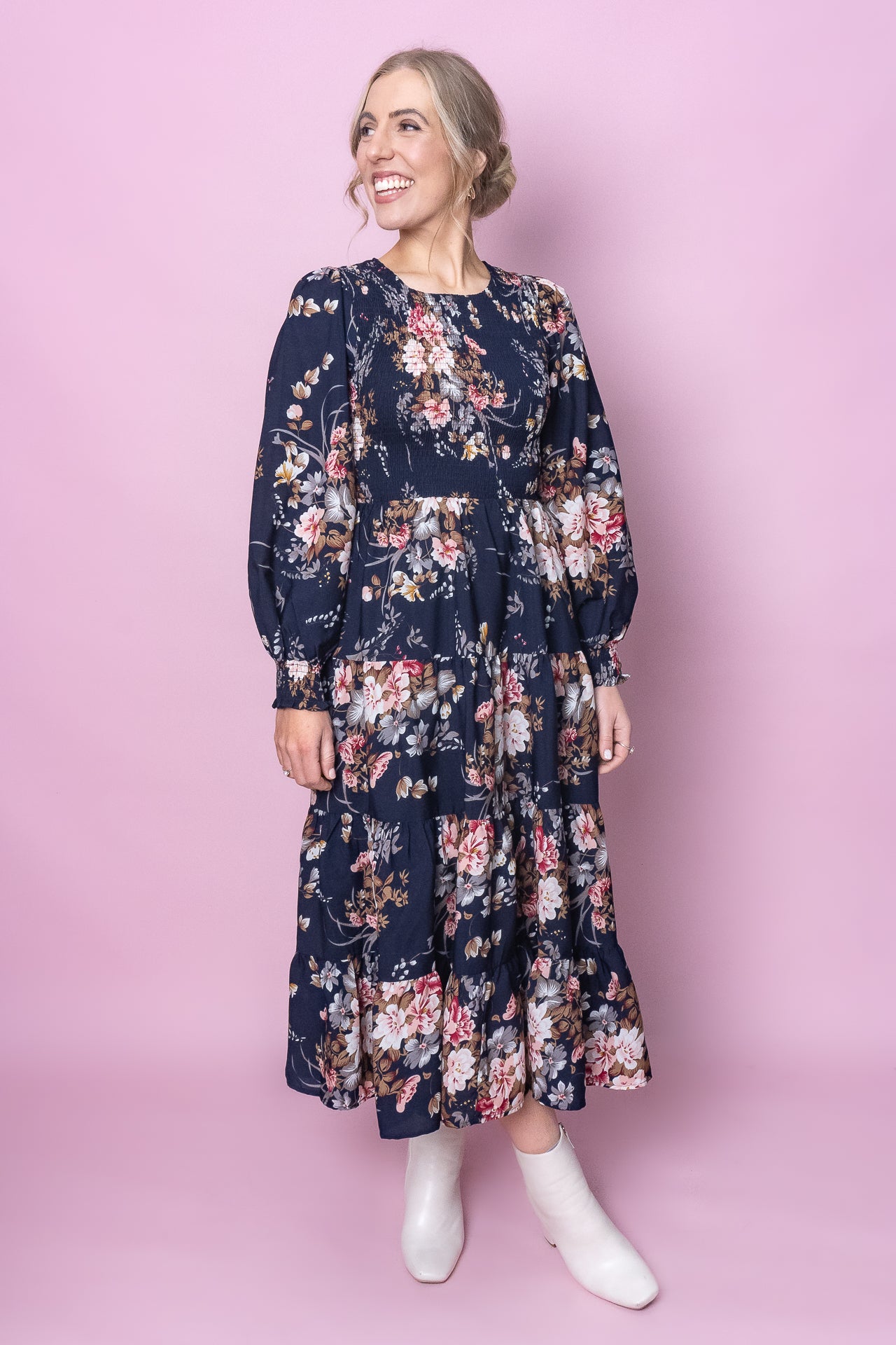 Nella Floral Midi Dress in Navy