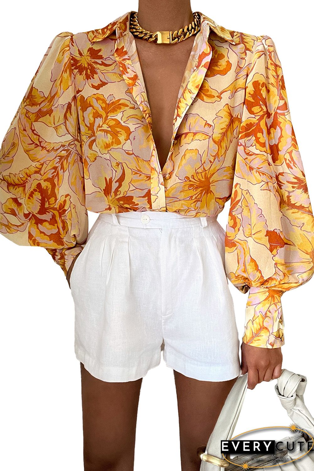 Yellow Floral Chic Bishop Sleeve Blouse