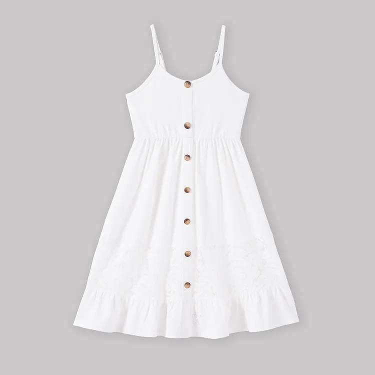 Mommy and Me Button Up White Lace Embellishment Ruffle Hem Strap Dress