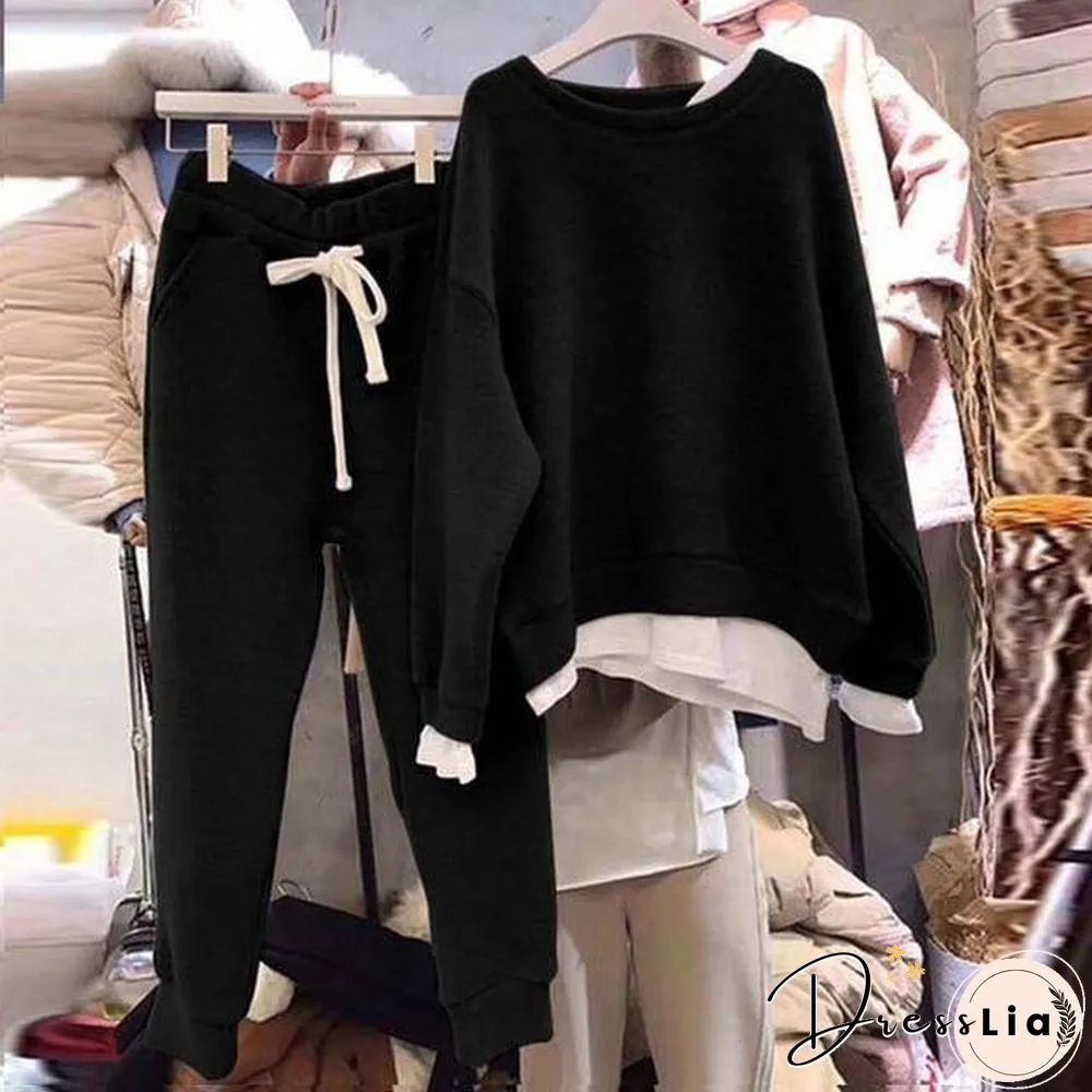 Two Piece Set Women Loose Sweater Tracksuit Soild Color Sweater Pants Style Outfit Sets Female Outwear Suits