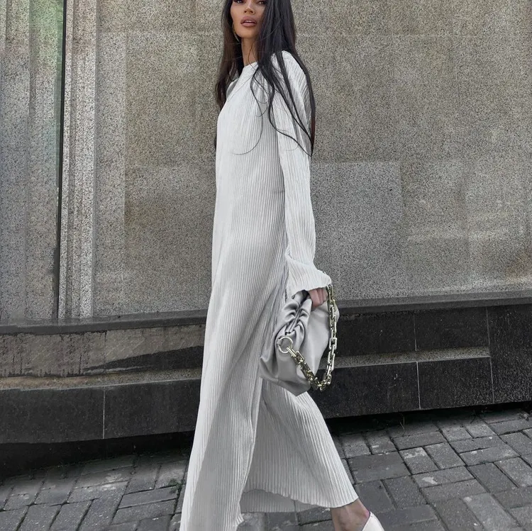 Churchf Churchf Women's New Dress Pleated Round Collar Long Sleeve Solid Color Loose Dress Show Thin And Casual