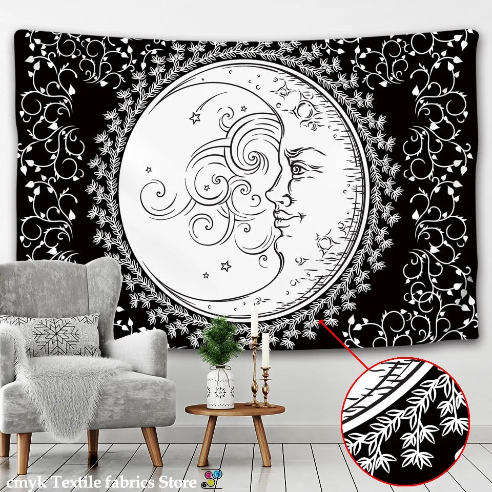 White Black Sun Moon Mandala Tapestry Wall Hanging Celestial Hippie Carpets Dorm Decor Psychedelic Witchcraft Halloween