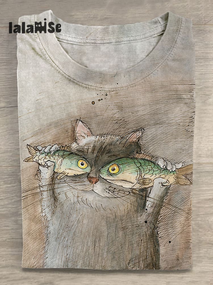 Vintage Cute Cat Fish Art Print T - Shirt Multicolor / S