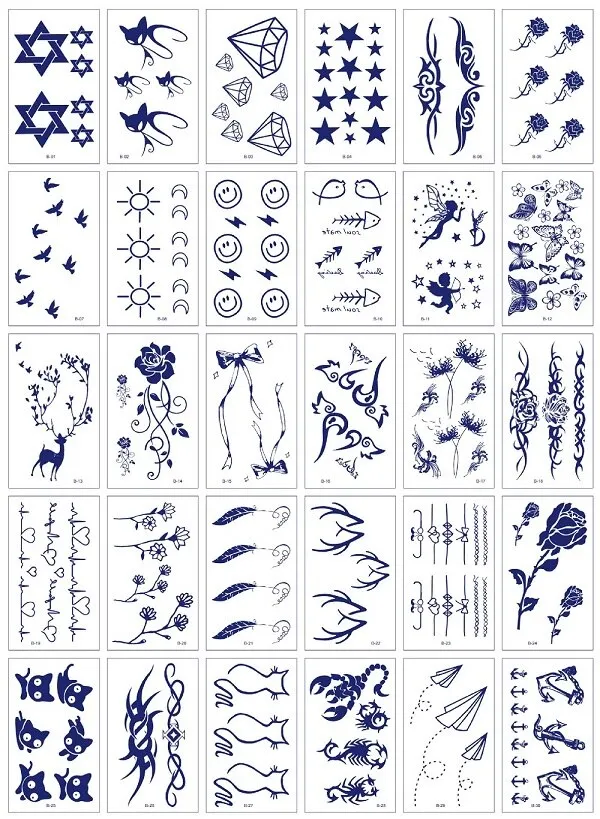 30Pcs/Set No Repeat Temporary Juice Tattoo Stickers Waterproof Disposable Butterfly Words Totem tatouage temporaire Blue Color
