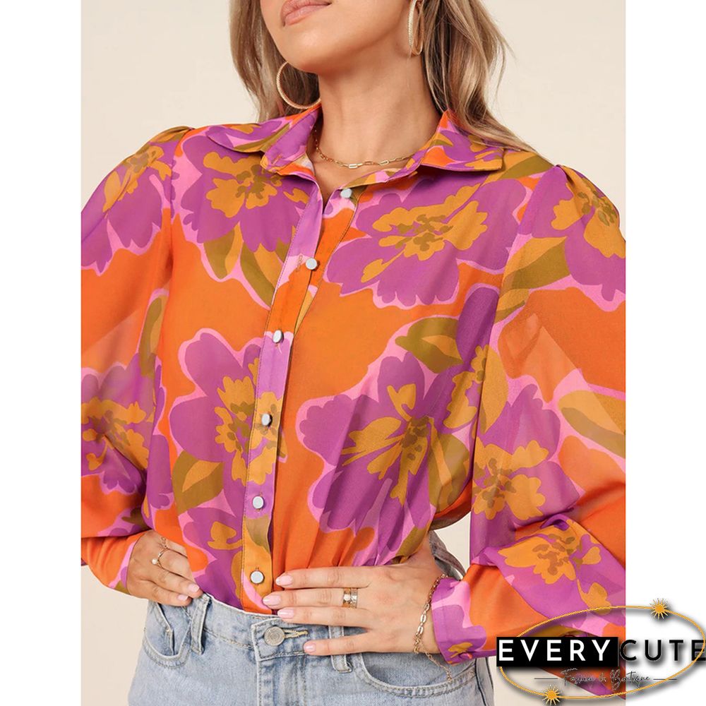 Orange Floral Chiffon Lantern Long Sleeve Blouse