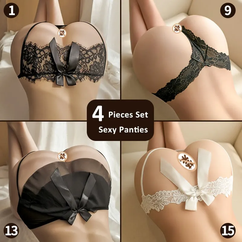 16 Types Of Porno Open Crotch Sexy Panties Lace See Through String Briefs 4 Pcs Set Cute Bow Knot Thong Sex Underwear For Women