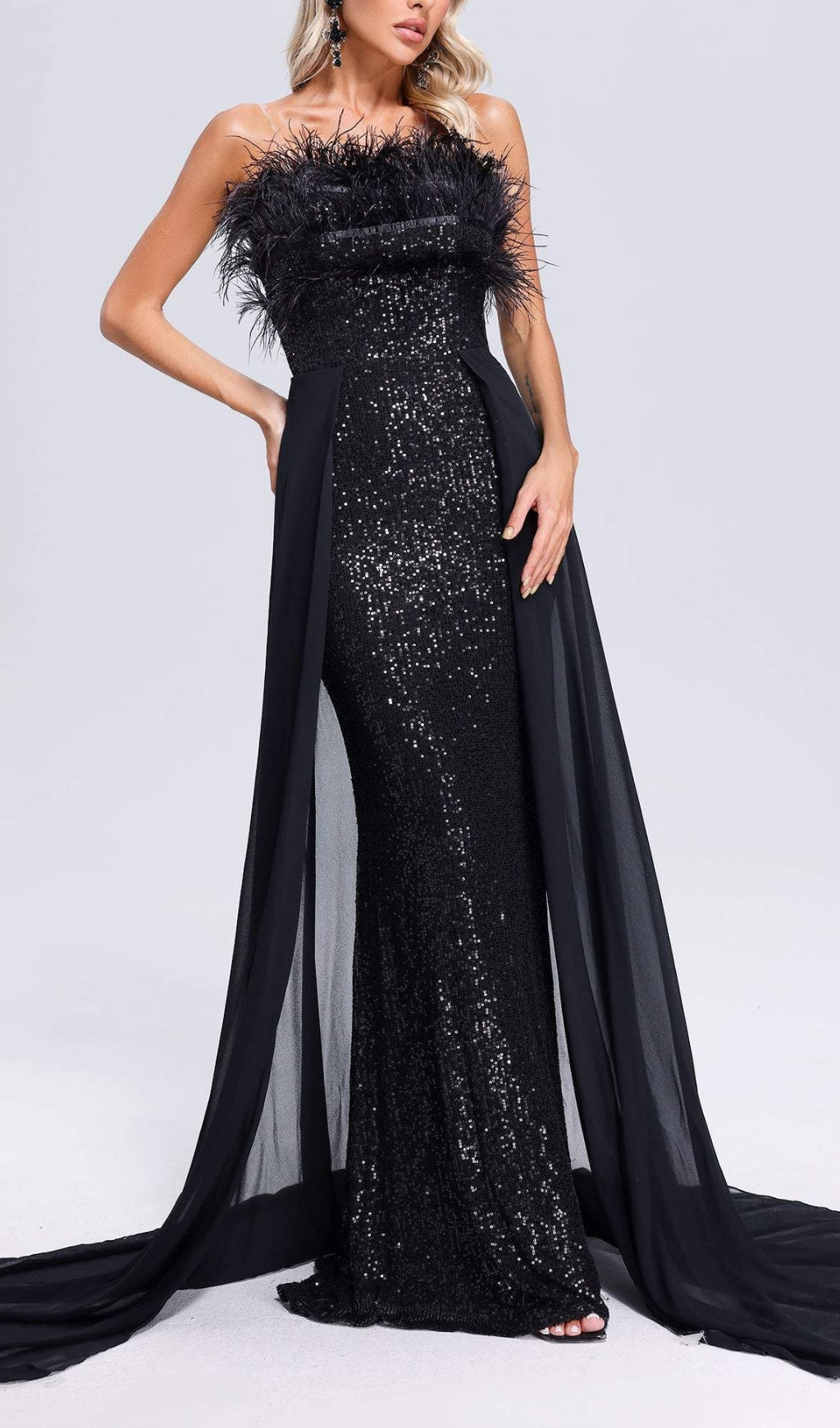 Fashionslee WomenAdams Black Feather Sequin Maxi Dress