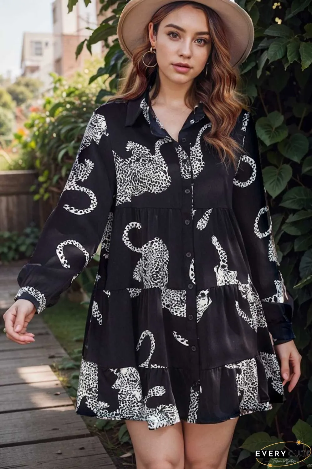 leopard print collared button up shirt dress with ruffled sleeves