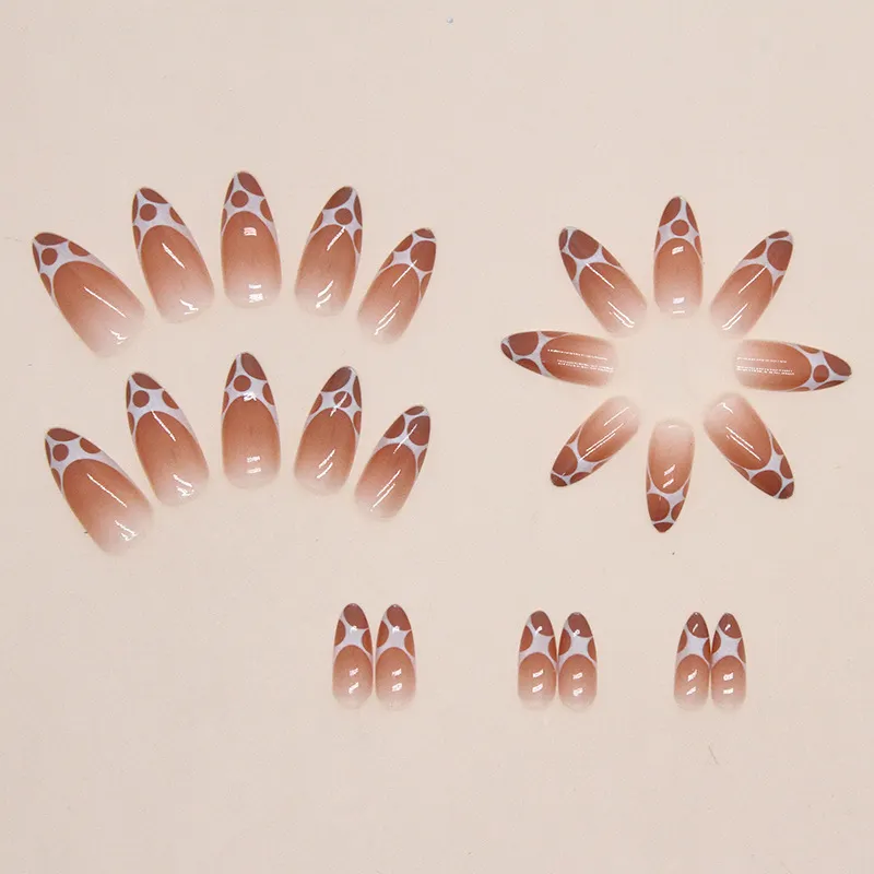 Churchf Churchf Nude Coffee Color Round Head Almond Nail White Bubble Mesh Nail Irregular Fake Nail Wear Nail 24 Pieces