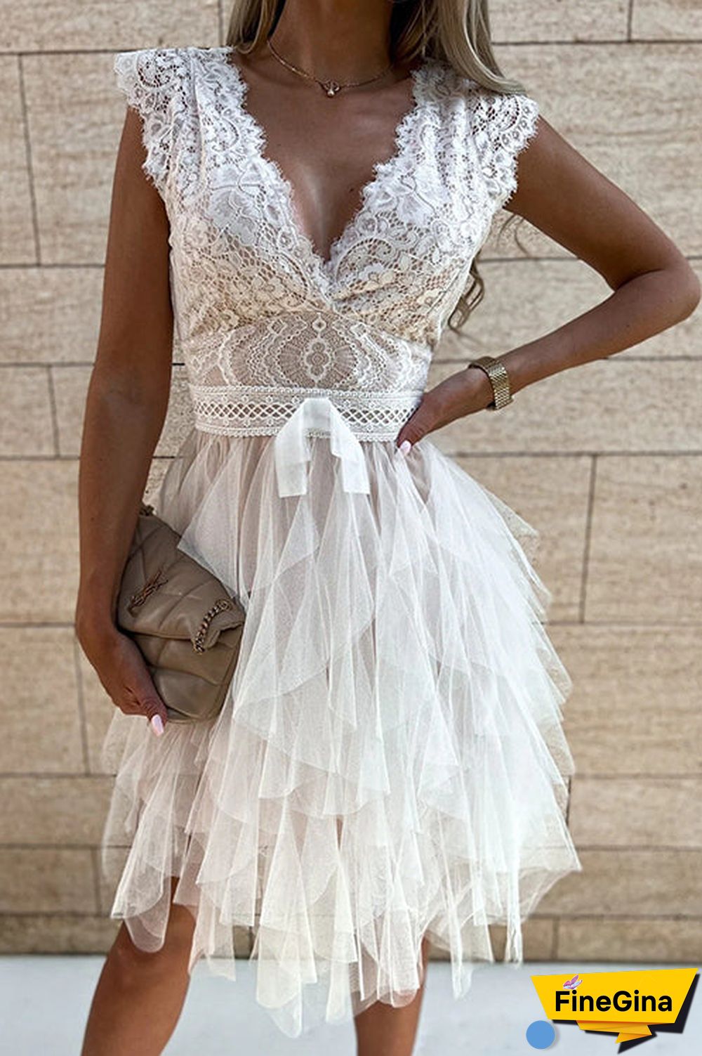Lace Mesh V Neck Tank Cake Dress