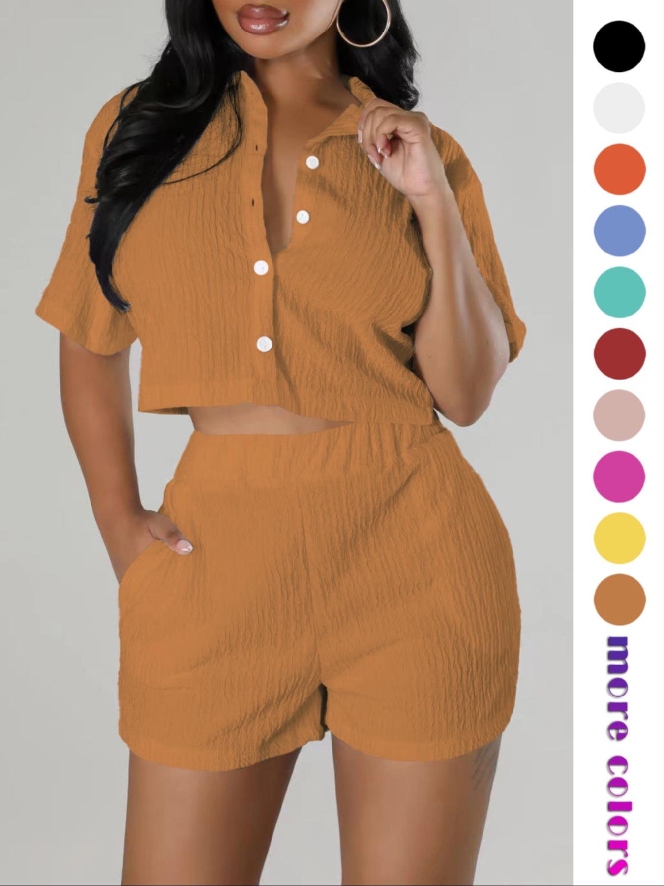 Two-piece Set Women's Textured Button Front Shirt & Elastic Waist Shorts Set, Chic Versatile Short Sleeve Collared Top & Pocket Design Shorts, Casual Style Two-piece Outfits for Women, Womenswear, Matching Clothing Set