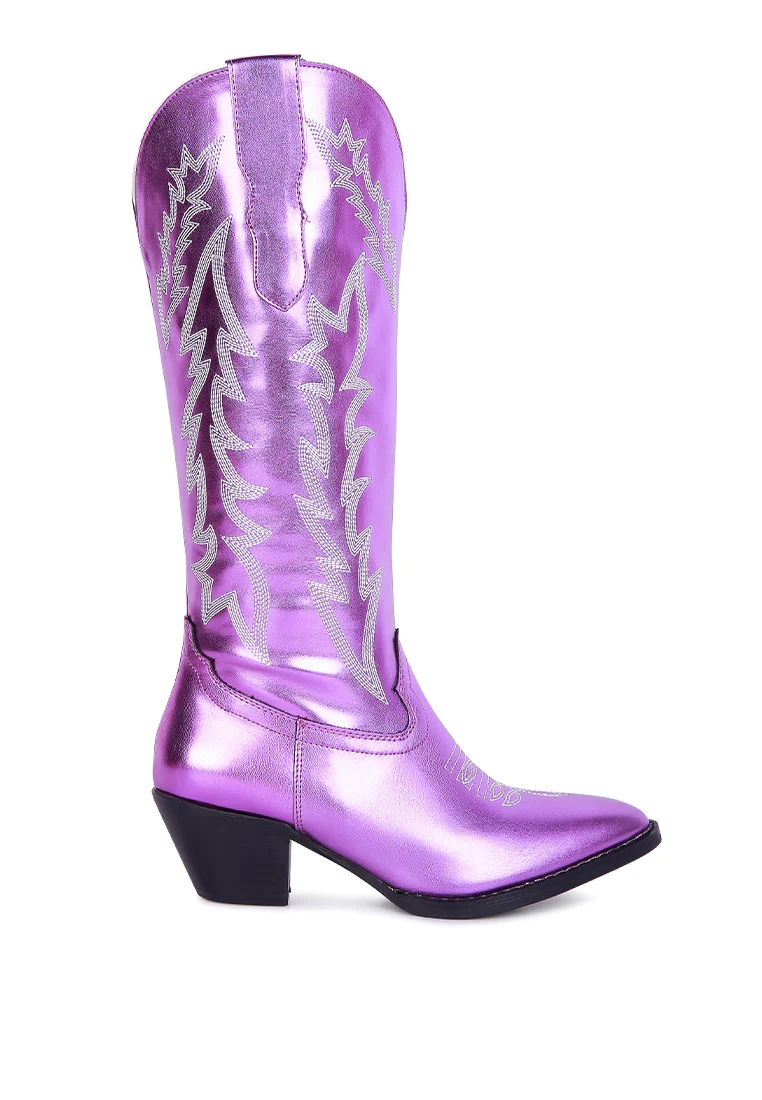 Women Western Knee High Boots Cowboy Purple Sewing Wedges Shoes Cowgirls Wide Calf Boots