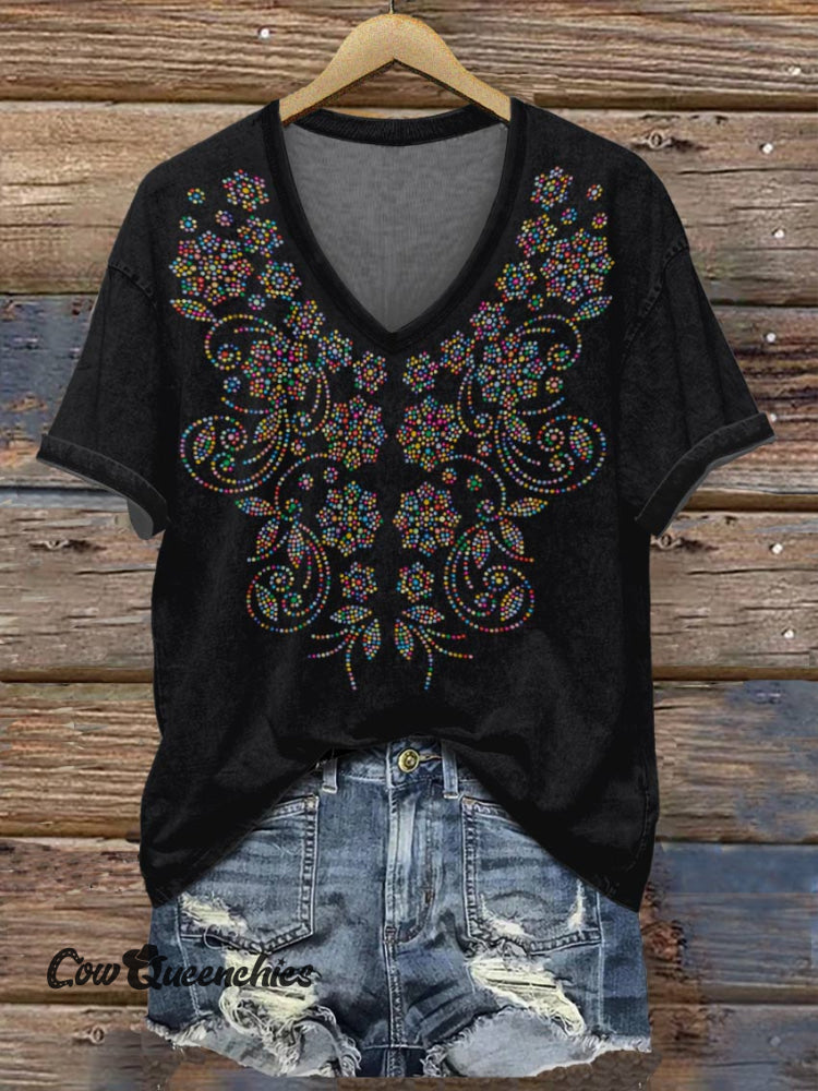 Women&rsquo;s Flower Print V-Neck Casual T-Shirt Black / S