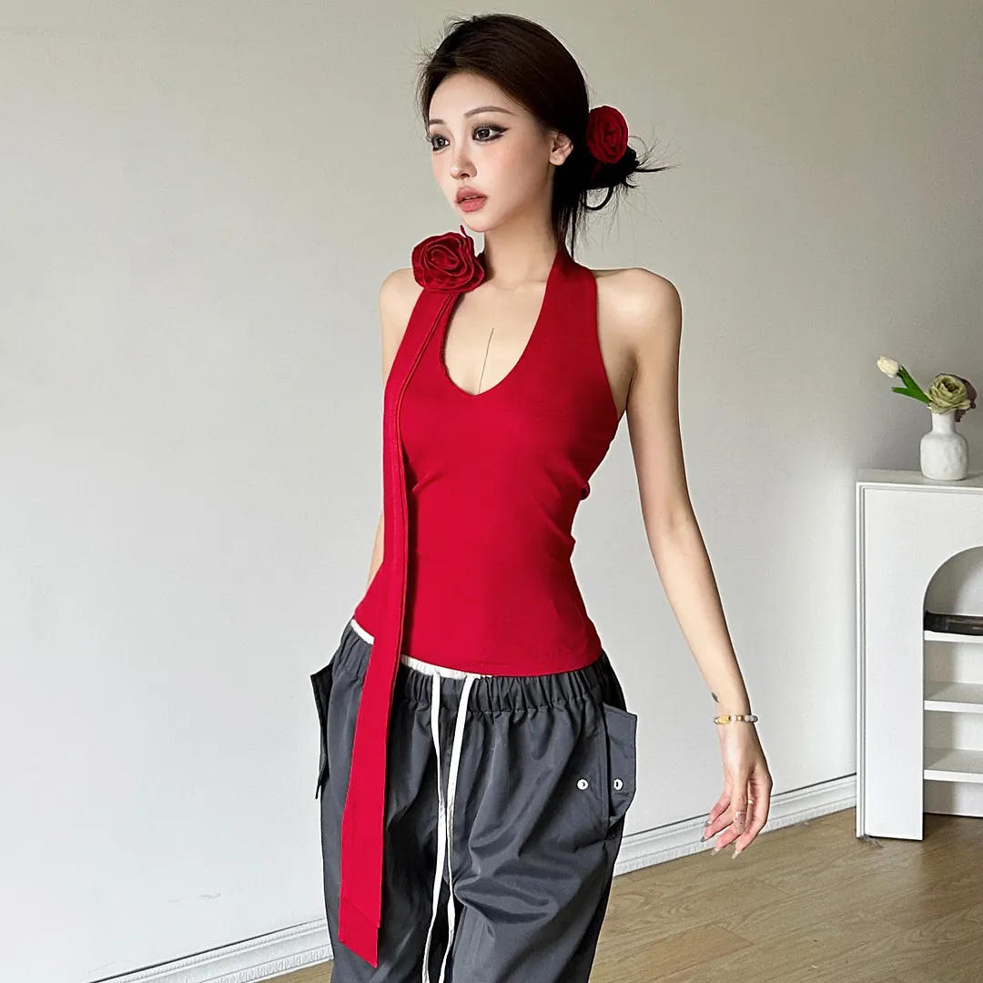 Brownm 2024 Summer New Women's Solid Color Hanging Neck Three-Dimensional Flower Vest High-Waist Loose Straight Trousers