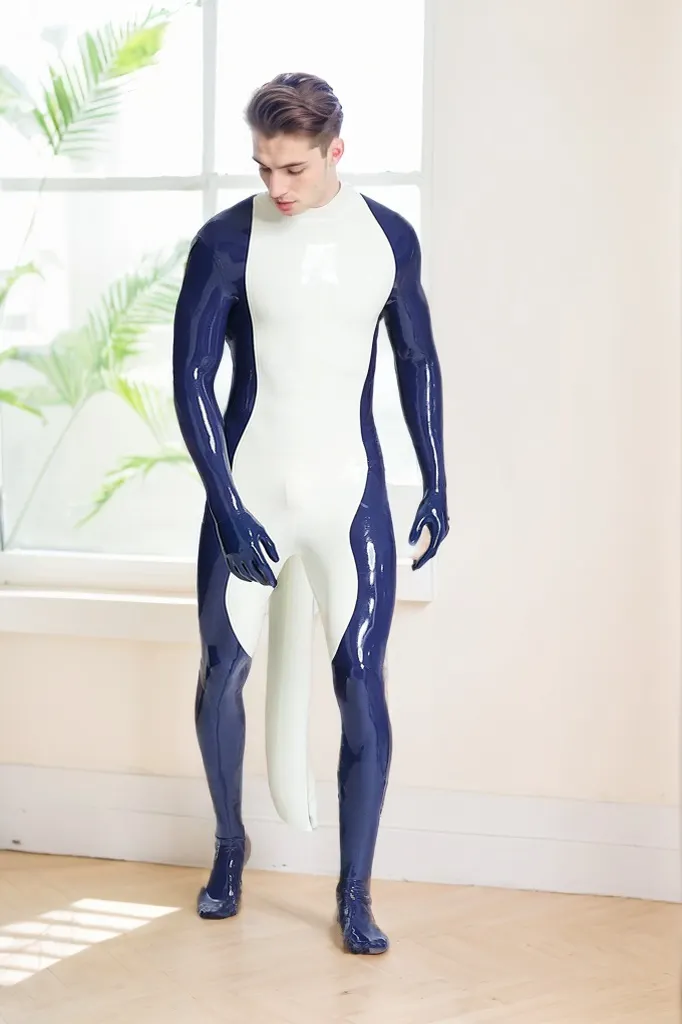 Men Latex Catsuits Purr fect Inflated Tail Feet White cosplay
