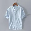 Chemise en lin &agrave; col en V et manches courtes pour hommes