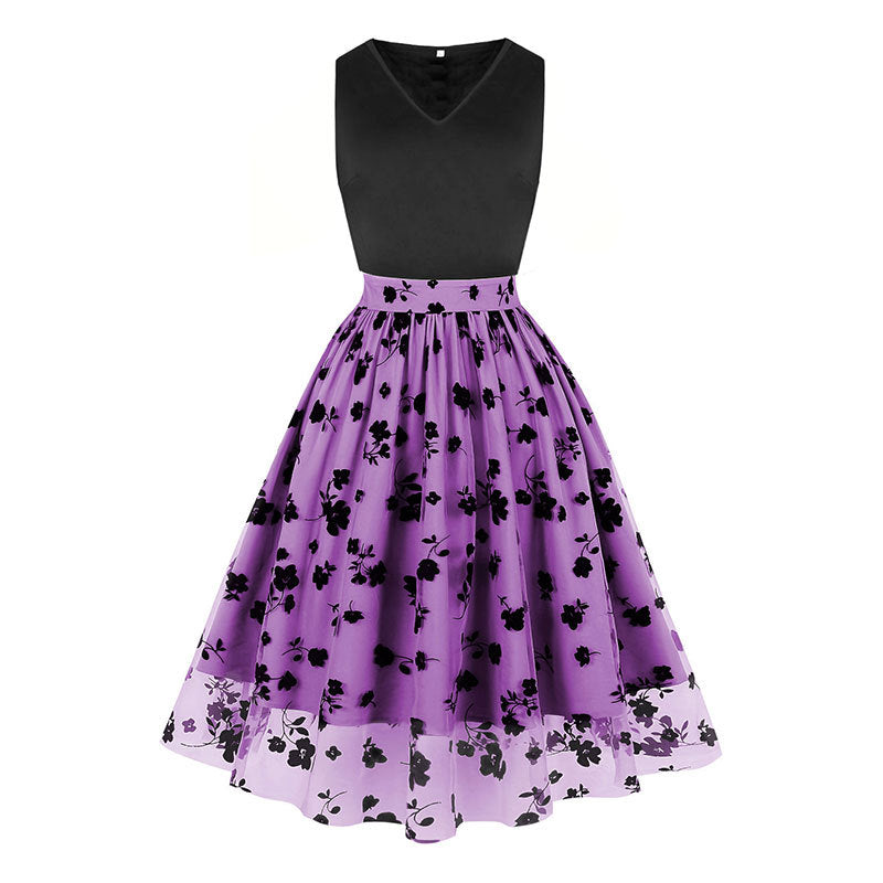 Women Stitching Mesh Polka Dot Sleeveless V neck High Waist Retro Big Swing Dress