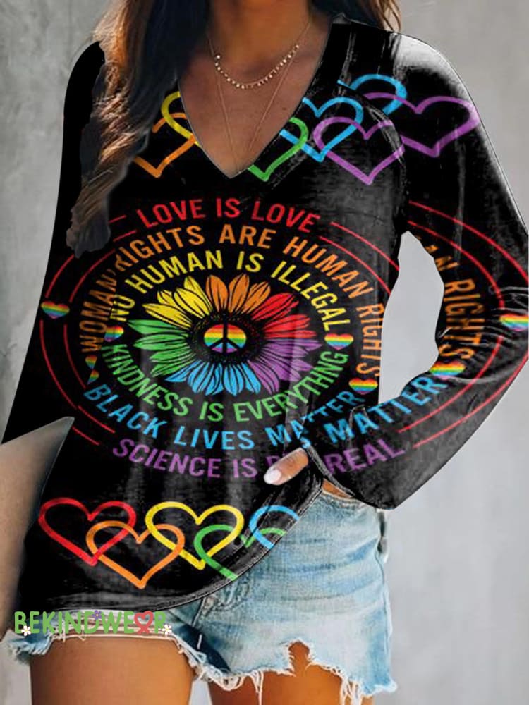 Kindness Is Everything Rainbow Print Casual V-Neck Long Sleeve Top Color / S