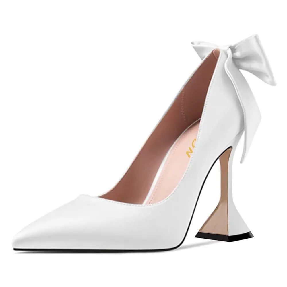 Ivory Vegan Leather Pointed Toe Flared Heel Back-Bow Pumps for Women