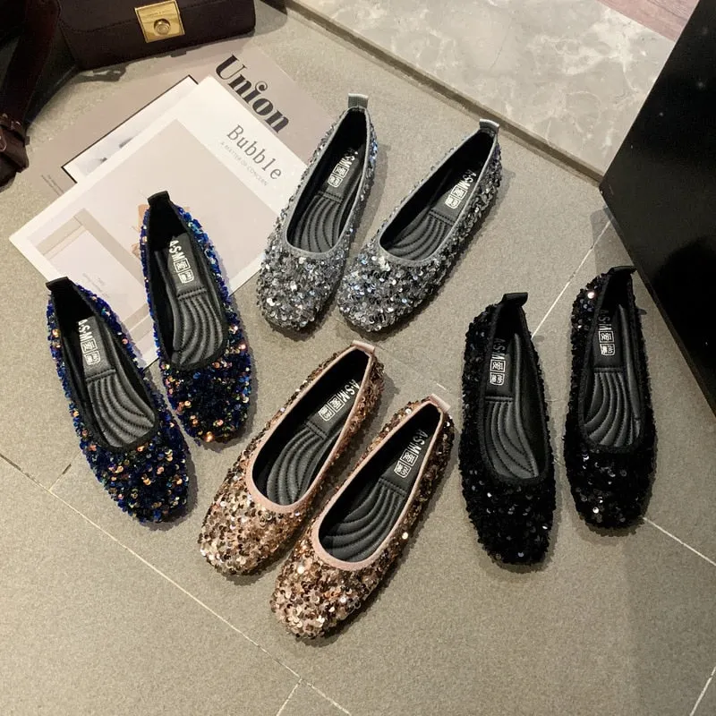  Women's Shoes New Spring And Autumn Shoes Shallow Mouth Set Of Flat Shoes Women's Bean Shoes Women's Sequins Single Shoe Woman