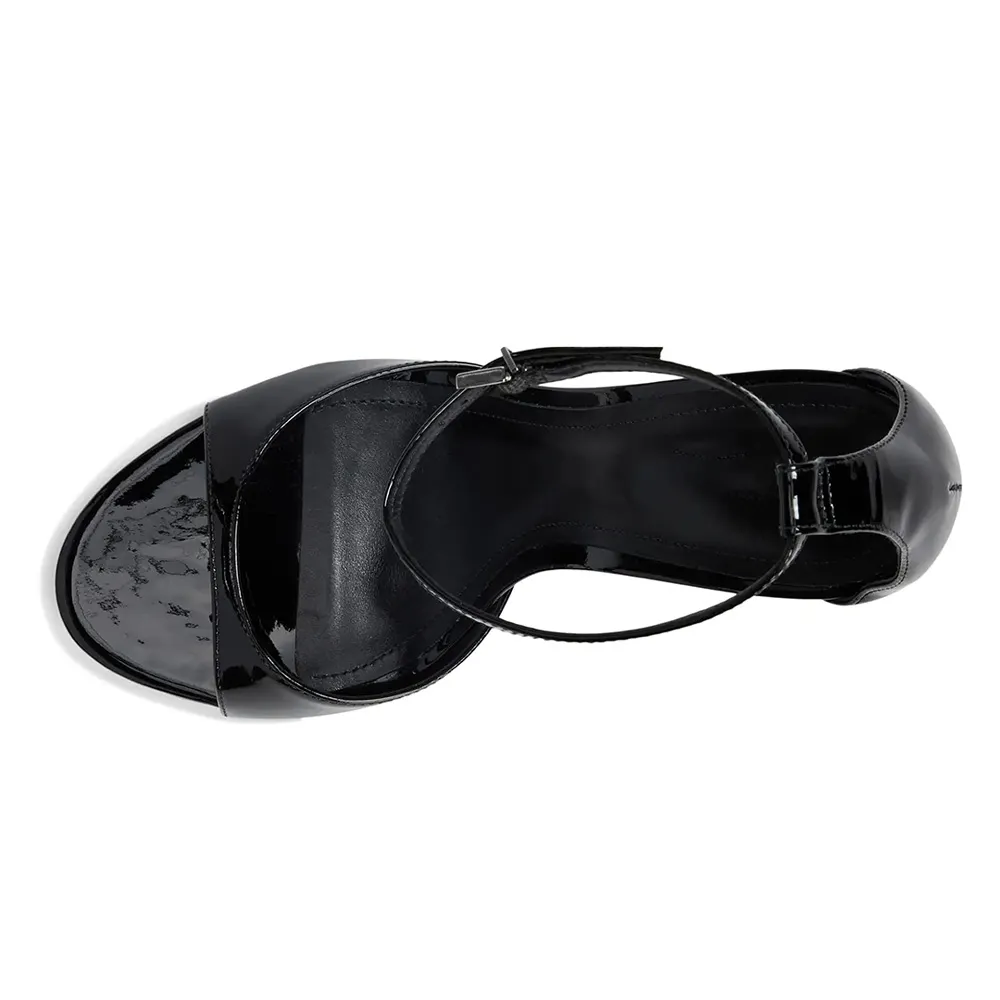 Black Patent Leather Round Toe Ankle Strap Buckle High Heels Sandals