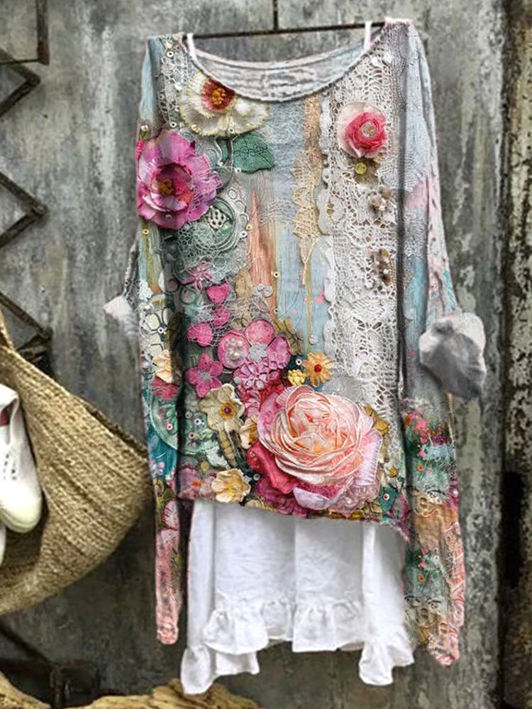Vintage Floral Lace Embroidery Art Linen Blend Shirt artswardrobe