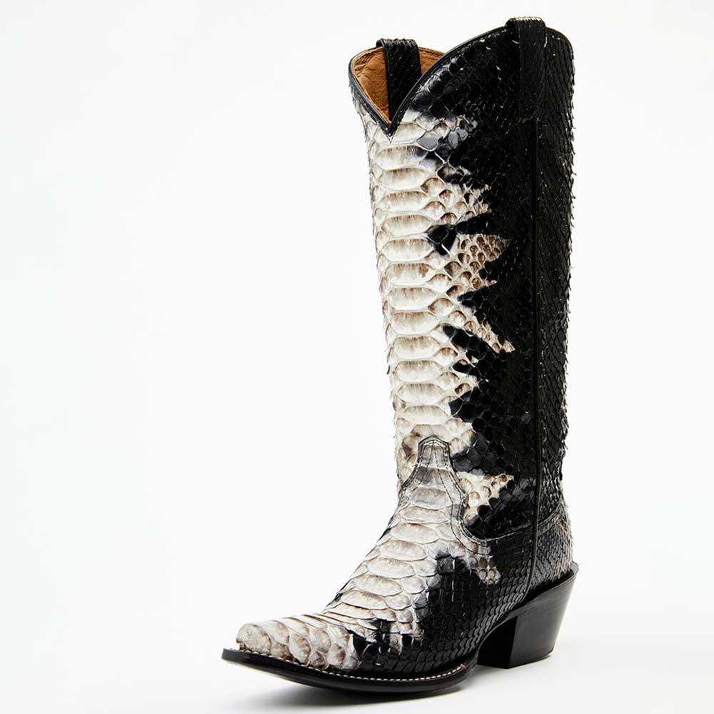 Black Snip Toe Python Western Knee-High Boots with Chunky Heels