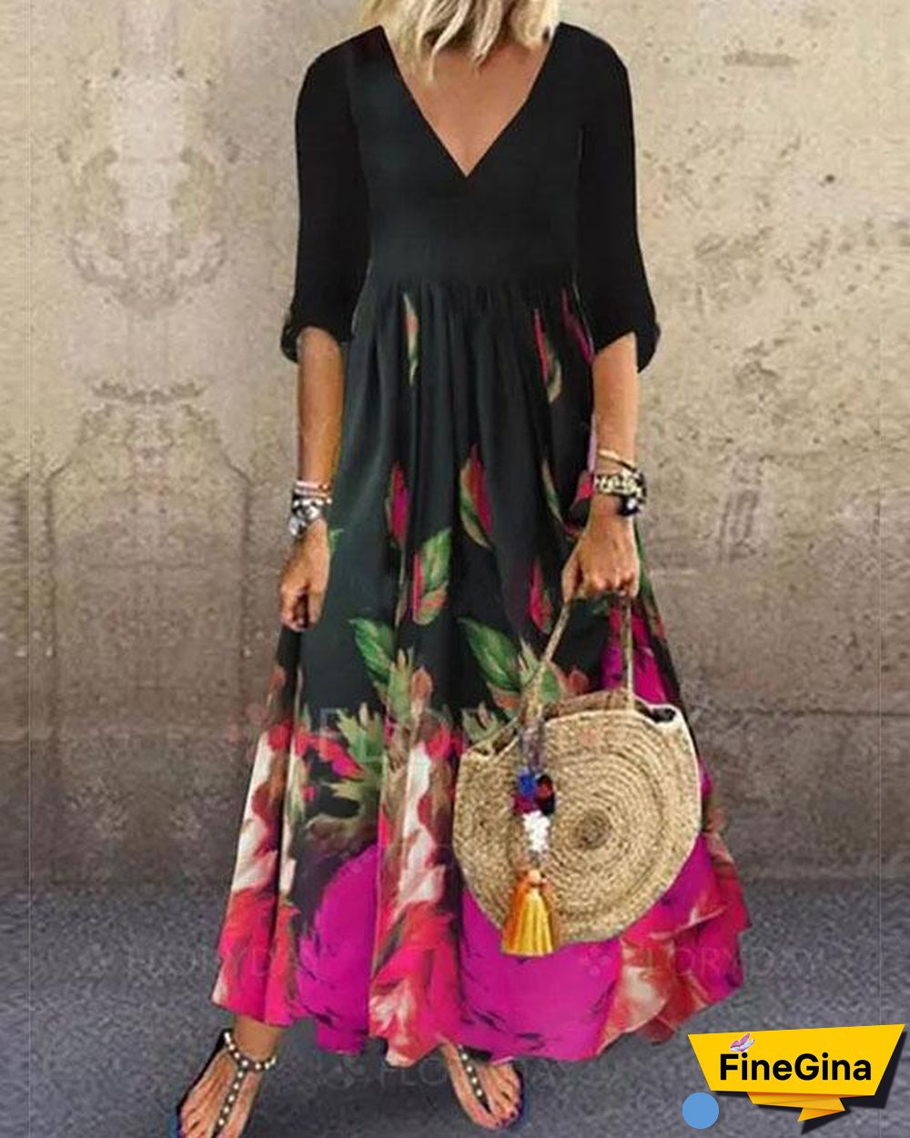 Women Floral Print Half Sleeve Princess Dress Maxi Dresses