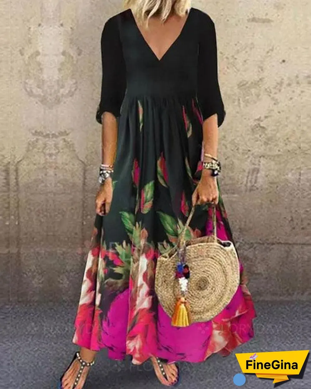 Women Floral Print Half Sleeve Princess Dress Maxi Dresses