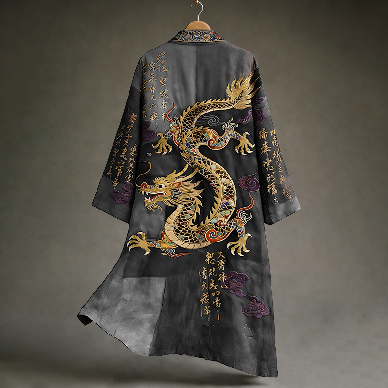 Men's Vintage Japanese Calligraphy Dragon Art Pattern Linen Blend Kimono  artssus