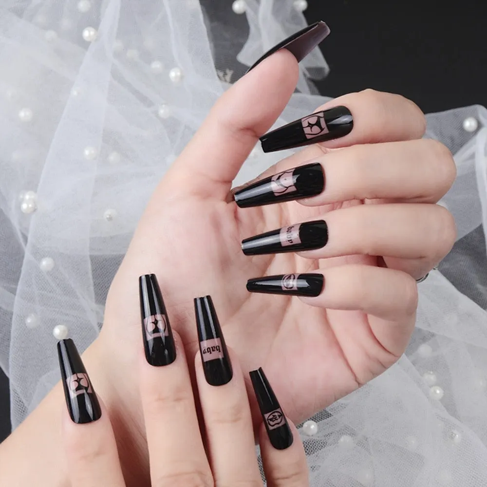24Pcs Press On Nails Coffin False Nails Sexy Pattern Design Black Long French Ballet Fake Nails Tips for nails Nails Accessories-Nail Inspo