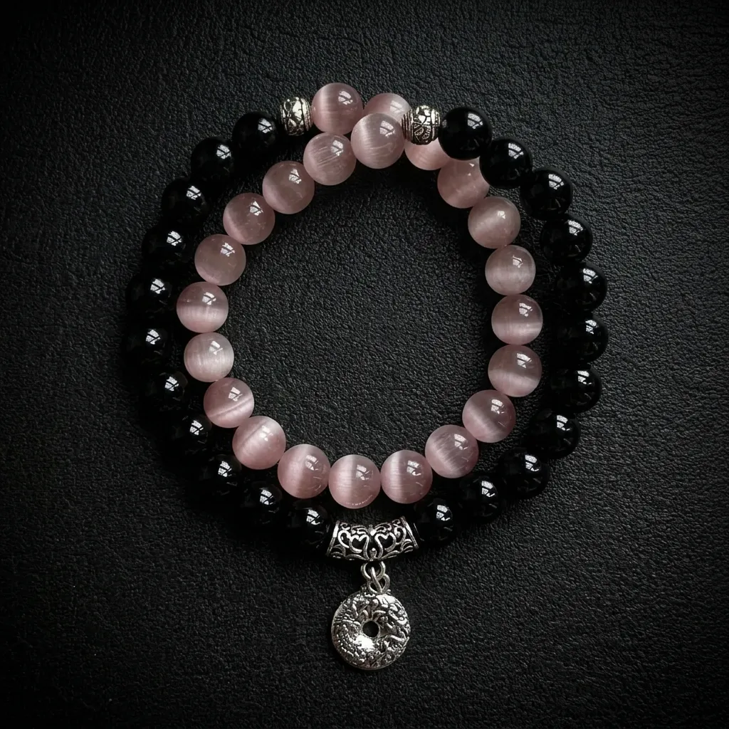 JiStones "Serene Shadow" Double-Layered Bracelet | Natural Black Obsidian & Mauve Cat's Eye